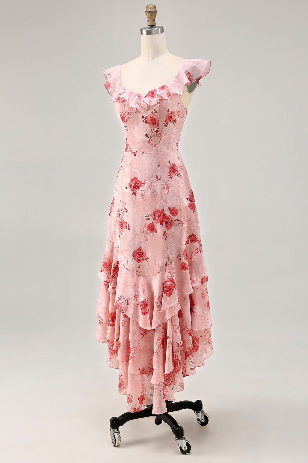 Pink Floral Chiffon Tiered Asymmetrical Wedding Guest Dress with Ruffles