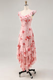 Pink Floral Chiffon Tiered Asymmetrical Wedding Guest Dress with Ruffles
