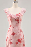 Pink Floral Chiffon Tiered Asymmetrical Wedding Guest Dress with Ruffles