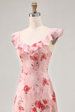 Pink Floral Chiffon Tiered Asymmetrical Wedding Guest Dress with Ruffles
