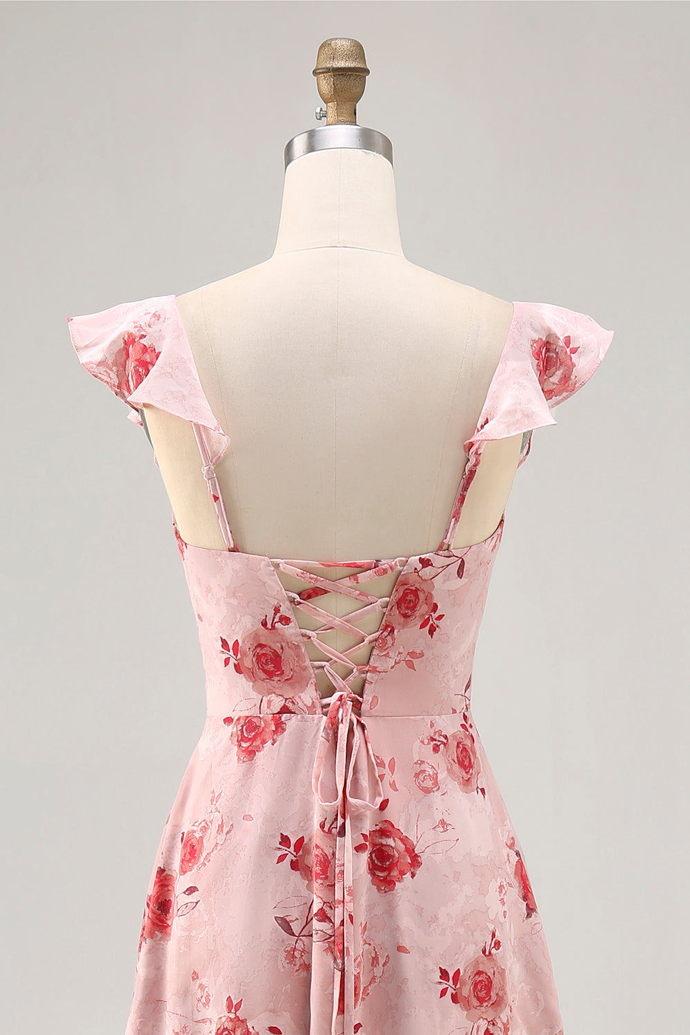 Pink Floral Chiffon Tiered Asymmetrical Wedding Guest Dress with Ruffles