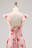 Pink Floral Chiffon Tiered Asymmetrical Wedding Guest Dress with Ruffles