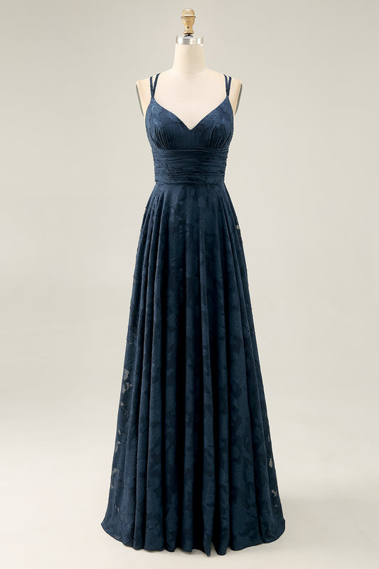 Navy Floral Ruched Crossed Straps Back Long Wedding Guest Dress