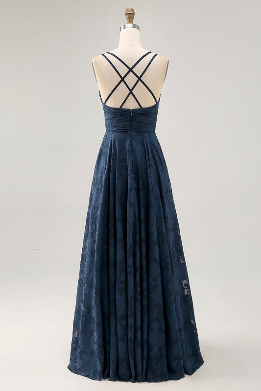 Navy Floral Ruched Crossed Straps Back Long Wedding Guest Dress