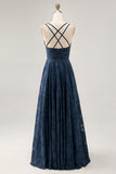 Navy Floral Ruched Crossed Straps Back Long Wedding Guest Dress