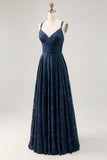 Navy Floral Ruched Crossed Straps Back Long Wedding Guest Dress