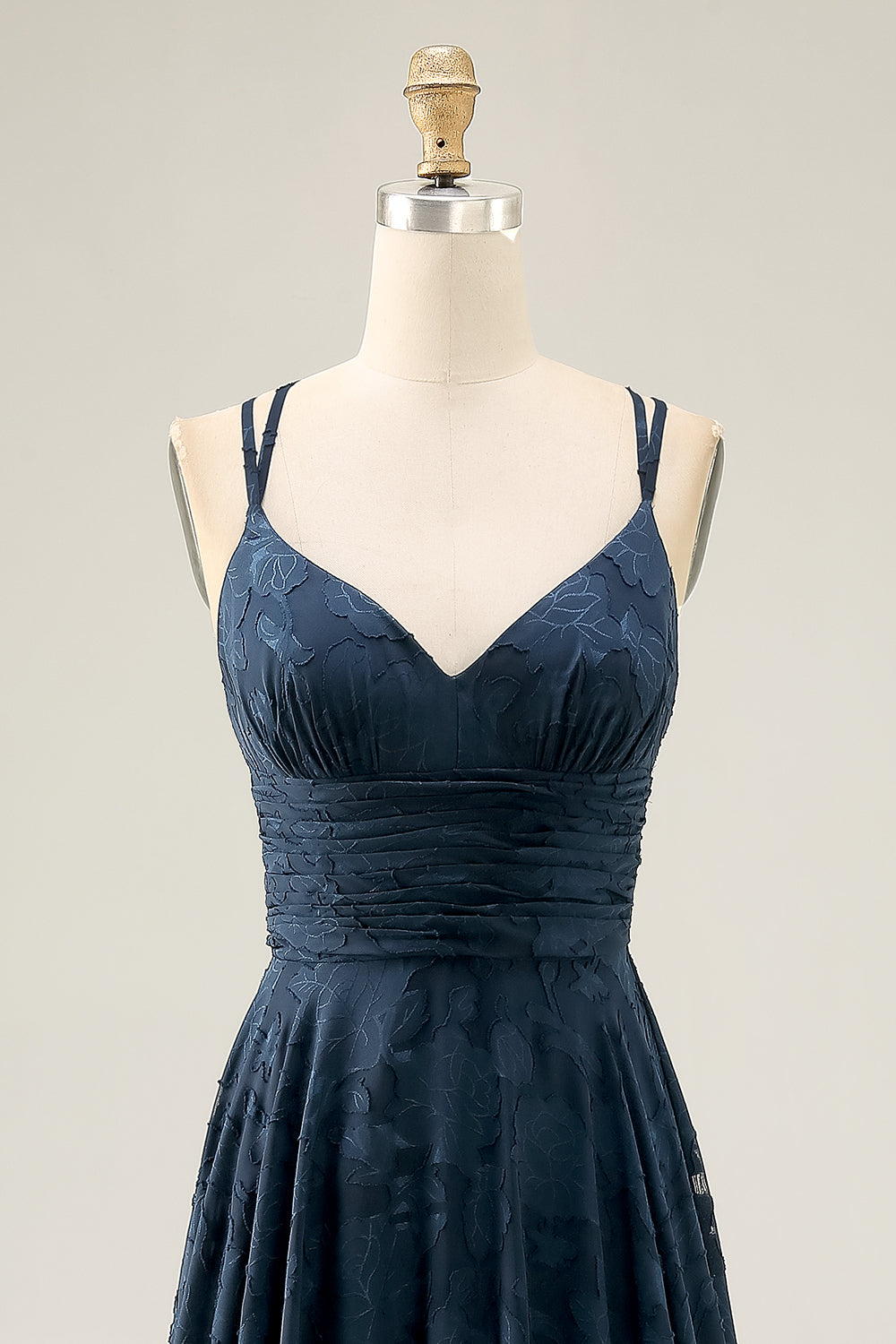 Navy Floral Ruched Crossed Straps Back Long Wedding Guest Dress