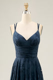 Navy Floral Ruched Crossed Straps Back Long Wedding Guest Dress