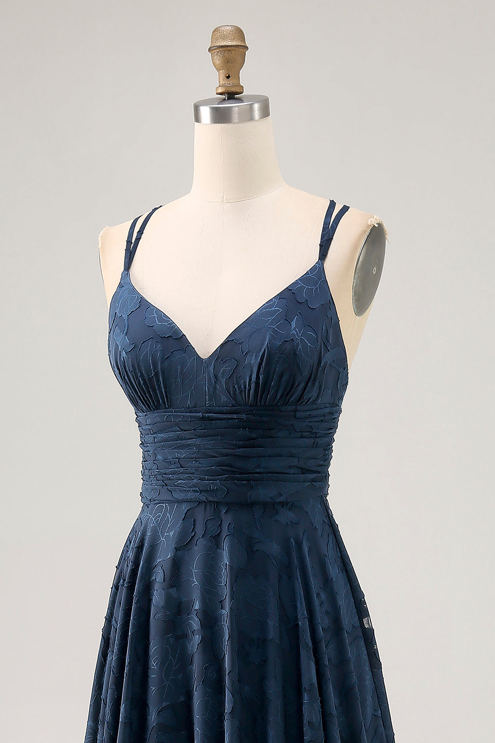 Navy Floral Ruched Crossed Straps Back Long Wedding Guest Dress