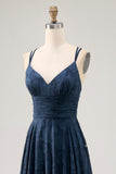Navy Floral Ruched Crossed Straps Back Long Wedding Guest Dress