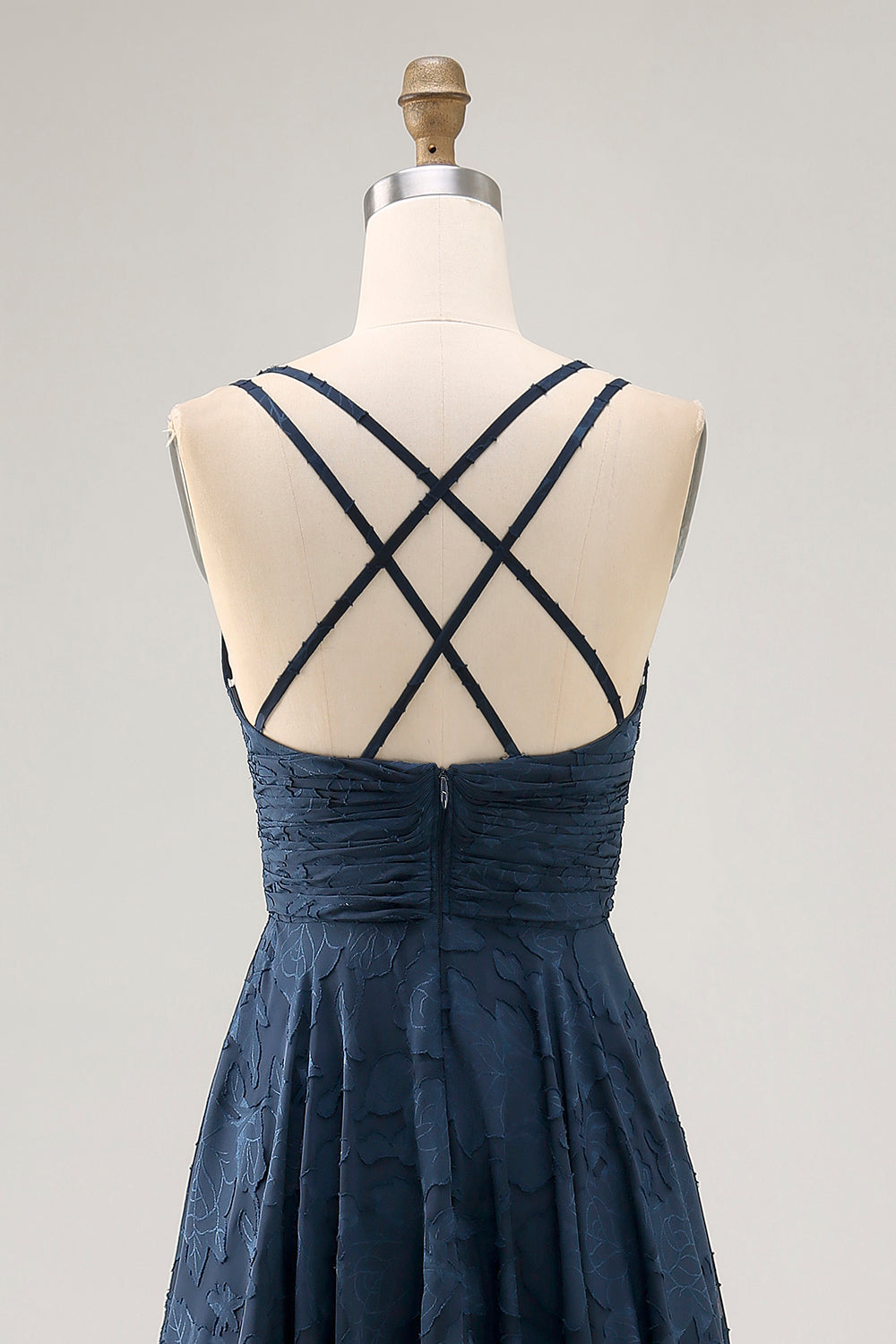 Navy Floral Ruched Crossed Straps Back Long Wedding Guest Dress