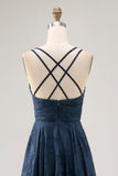 Navy Floral Ruched Crossed Straps Back Long Wedding Guest Dress