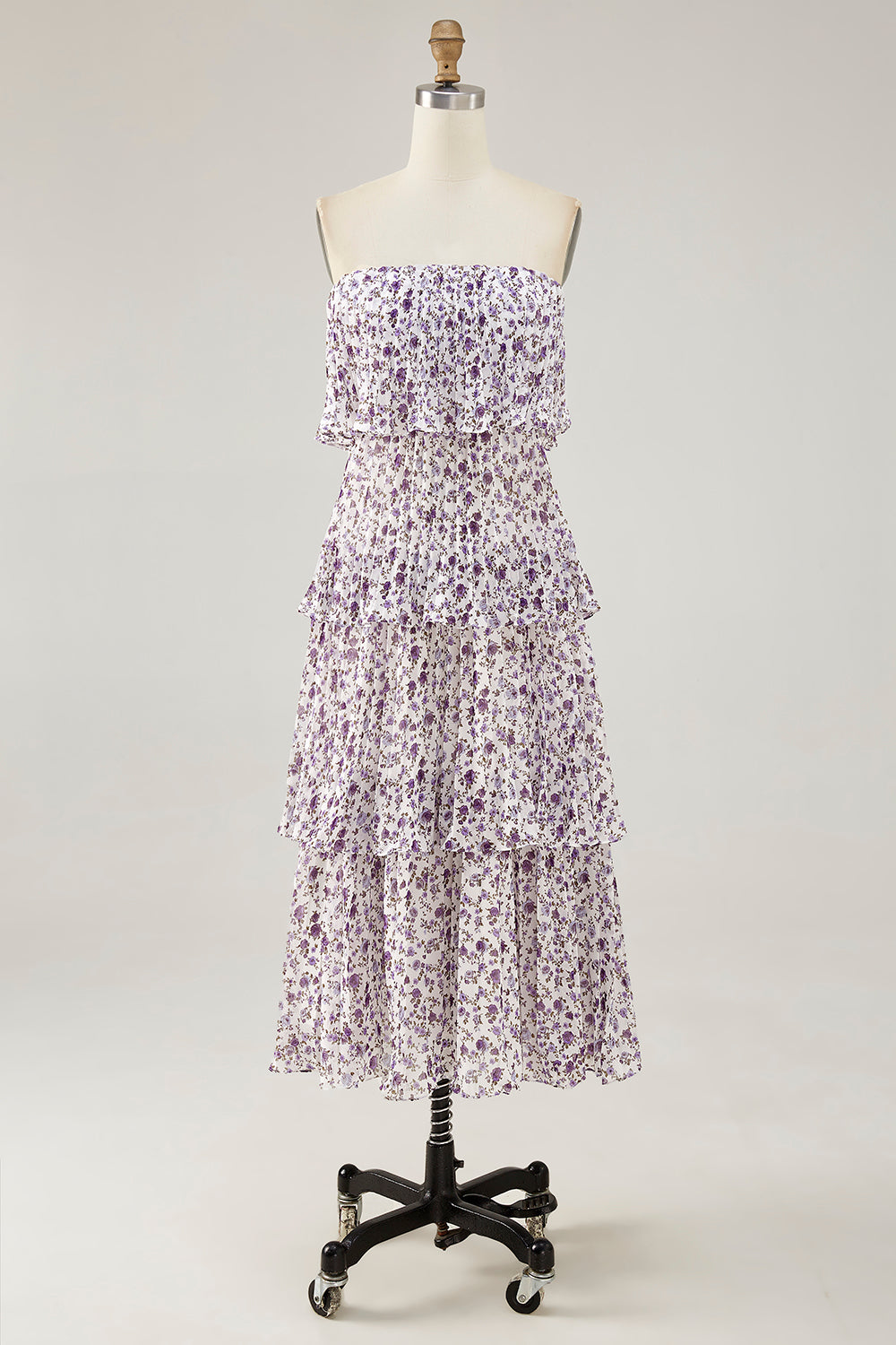 Purple Floral Chiffon Tiered Long Wedding Guest Dress with Ruffles
