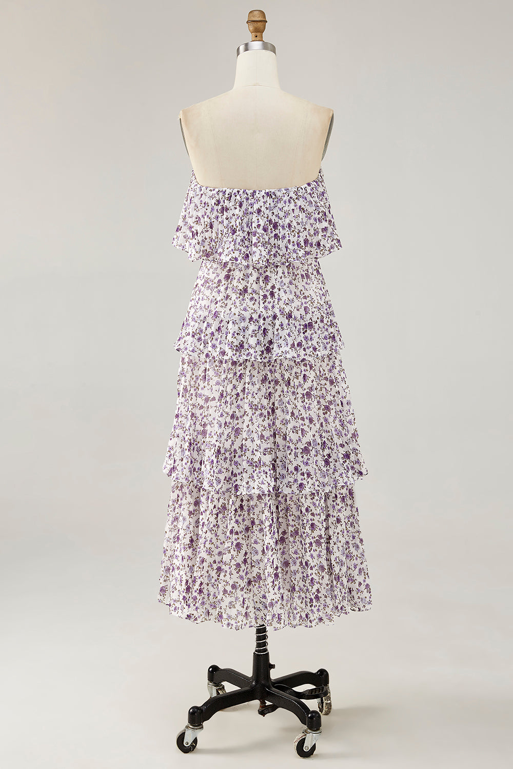 Purple Floral Chiffon Tiered Long Wedding Guest Dress with Ruffles