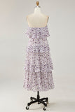 Purple Floral Chiffon Tiered Long Wedding Guest Dress with Ruffles