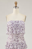Purple Floral Chiffon Tiered Long Wedding Guest Dress with Ruffles