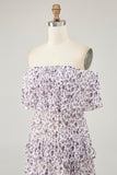 Purple Floral Chiffon Tiered Long Wedding Guest Dress with Ruffles