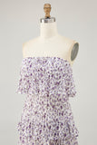 Purple Floral Chiffon Tiered Long Wedding Guest Dress with Ruffles