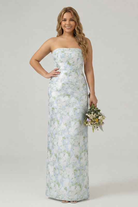 Plus Size White and Blue Floral Strapless Sheath Satin Long Wedding Guest Dress