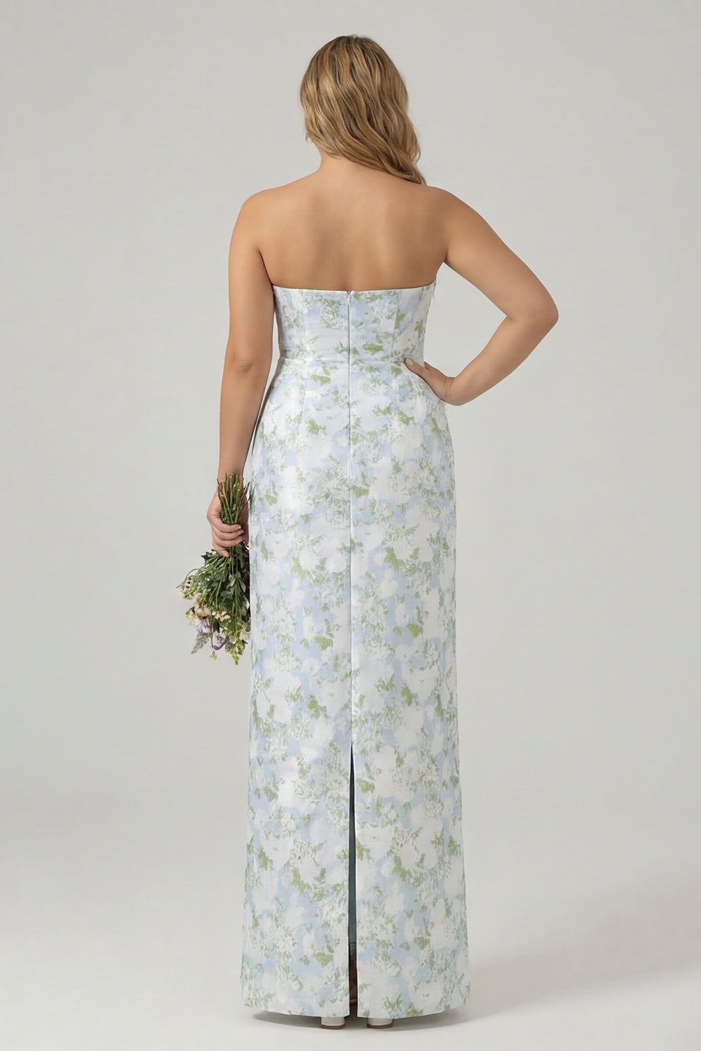 Plus Size White and Blue Floral Strapless Sheath Satin Long Wedding Guest Dress