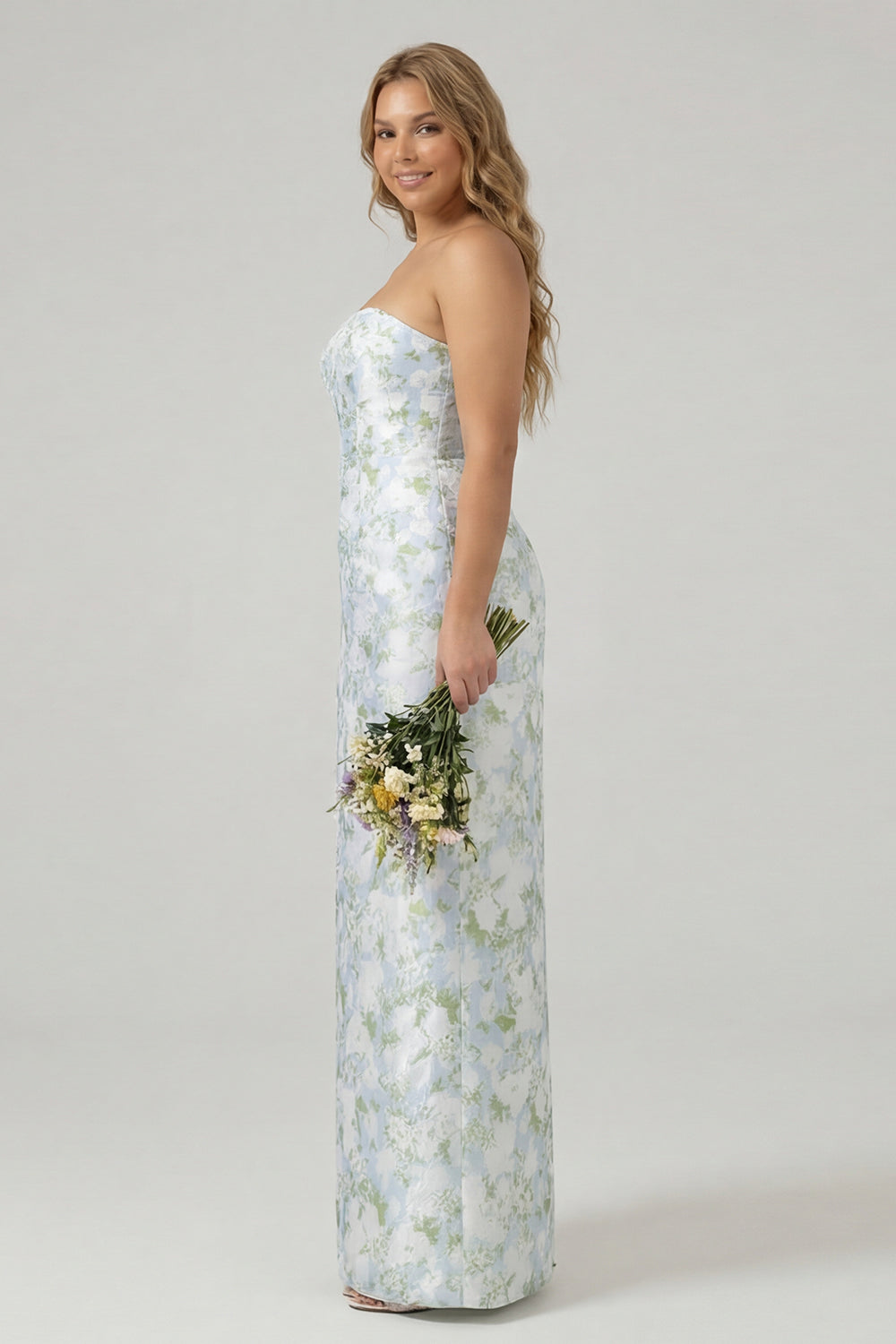 Plus Size White and Blue Floral Strapless Sheath Satin Long Wedding Guest Dress