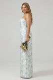 Plus Size White and Blue Floral Strapless Sheath Satin Long Wedding Guest Dress