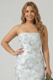 Plus Size White and Blue Floral Strapless Sheath Satin Long Wedding Guest Dress