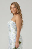Plus Size White and Blue Floral Strapless Sheath Satin Long Wedding Guest Dress