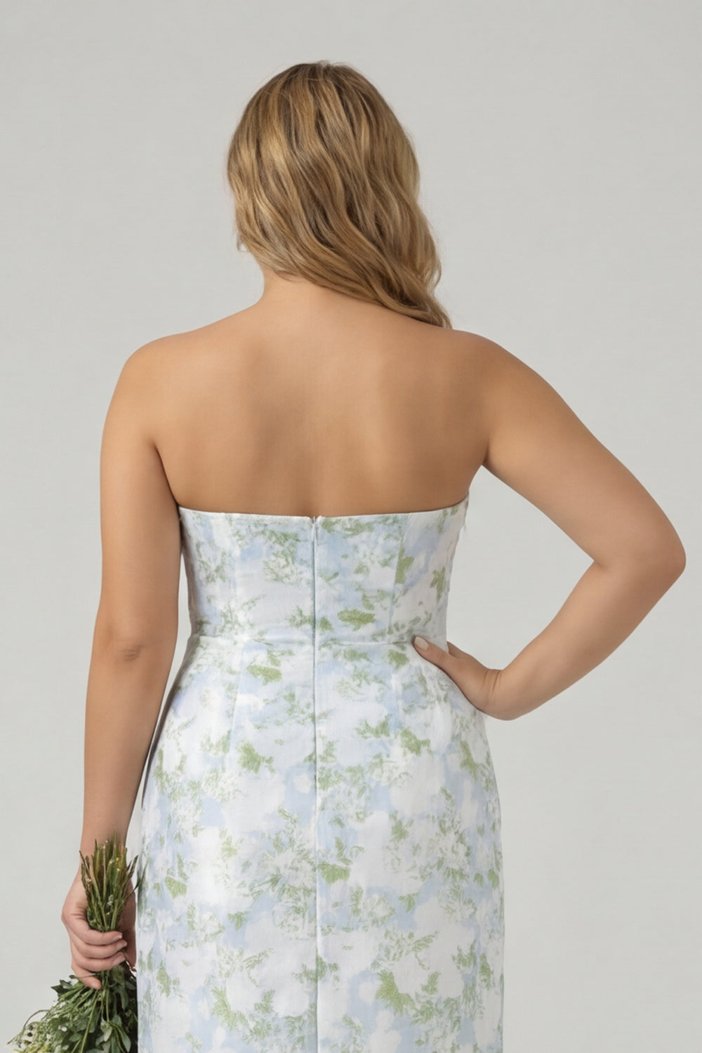 Plus Size White and Blue Floral Strapless Sheath Satin Long Wedding Guest Dress