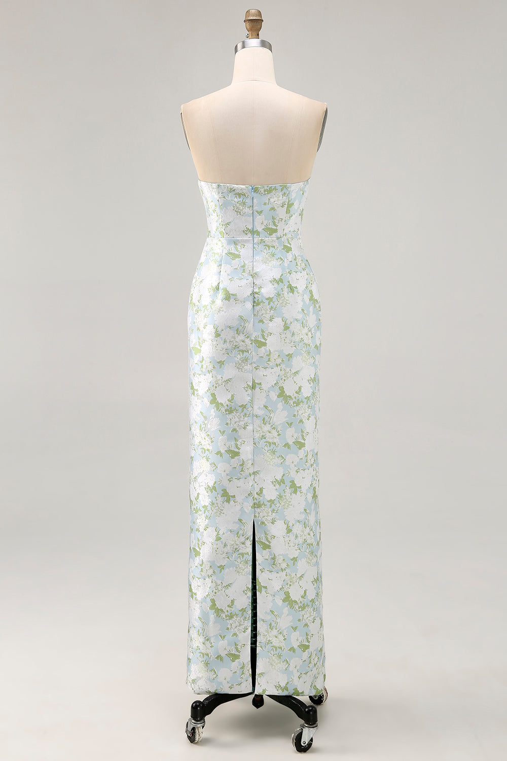 White and Blue Sheath Strapless Satin Floral Long Wedding Guest Dress