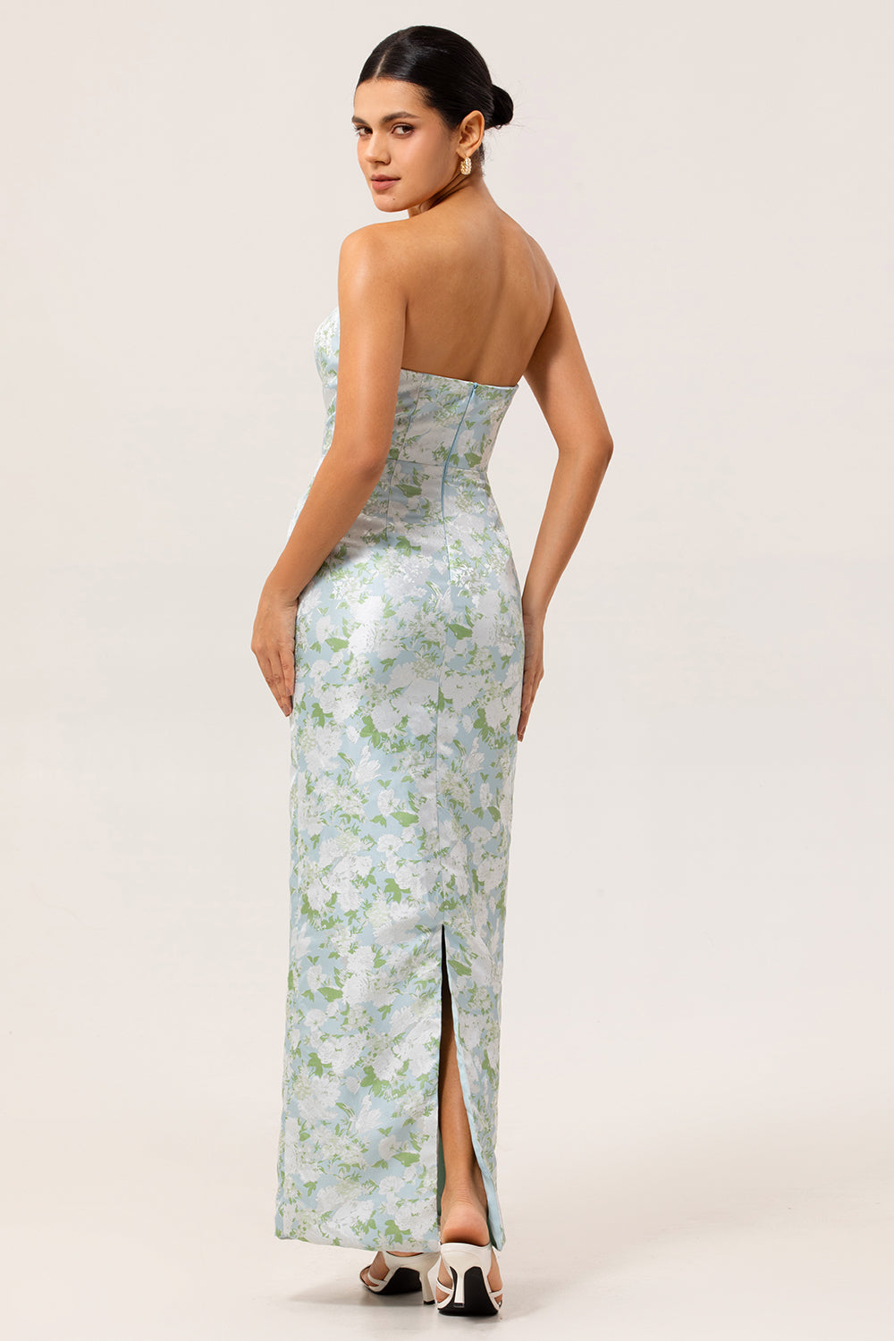 White and Blue Sheath Strapless Satin Floral Long Wedding Guest Dress