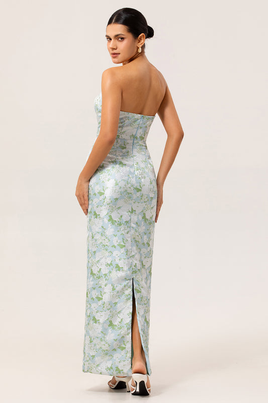 White and Blue Floral Strapless Sheath Satin Long Wedding Guest Dress