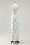 White and Blue Sheath Strapless Satin Floral Long Wedding Guest Dress