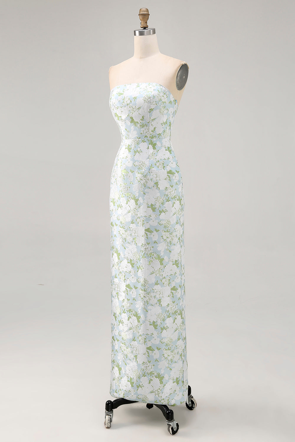 White and Blue Sheath Strapless Satin Floral Long Wedding Guest Dress