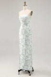 White and Blue Sheath Strapless Satin Floral Long Wedding Guest Dress