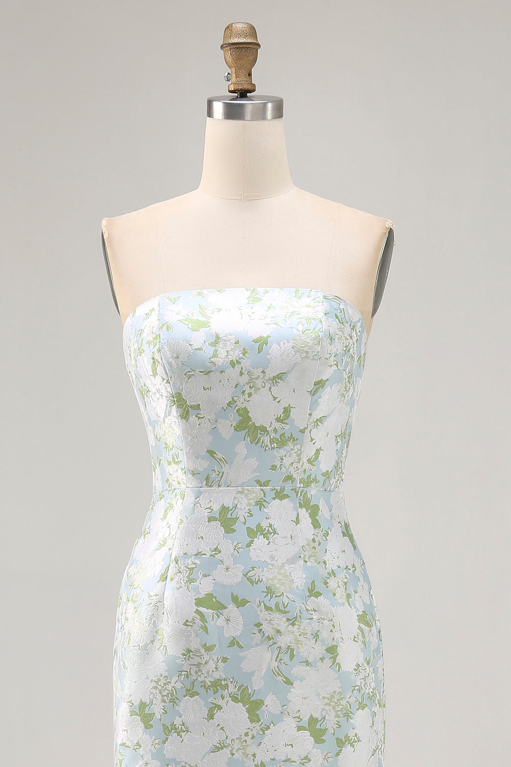 White and Blue Sheath Strapless Satin Floral Long Wedding Guest Dress