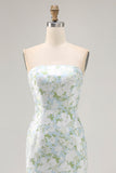 White and Blue Sheath Strapless Satin Floral Long Wedding Guest Dress