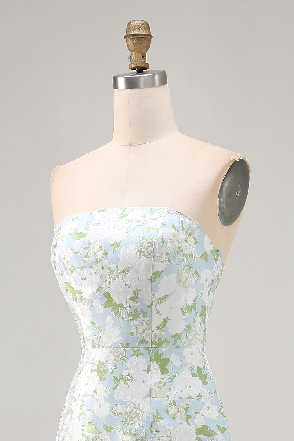 White and Blue Sheath Strapless Satin Floral Long Wedding Guest Dress