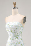 White and Blue Sheath Strapless Satin Floral Long Wedding Guest Dress
