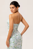 White and Blue Floral Strapless Sheath Satin Long Wedding Guest Dress