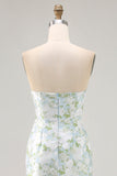 White and Blue Sheath Strapless Satin Floral Long Wedding Guest Dress
