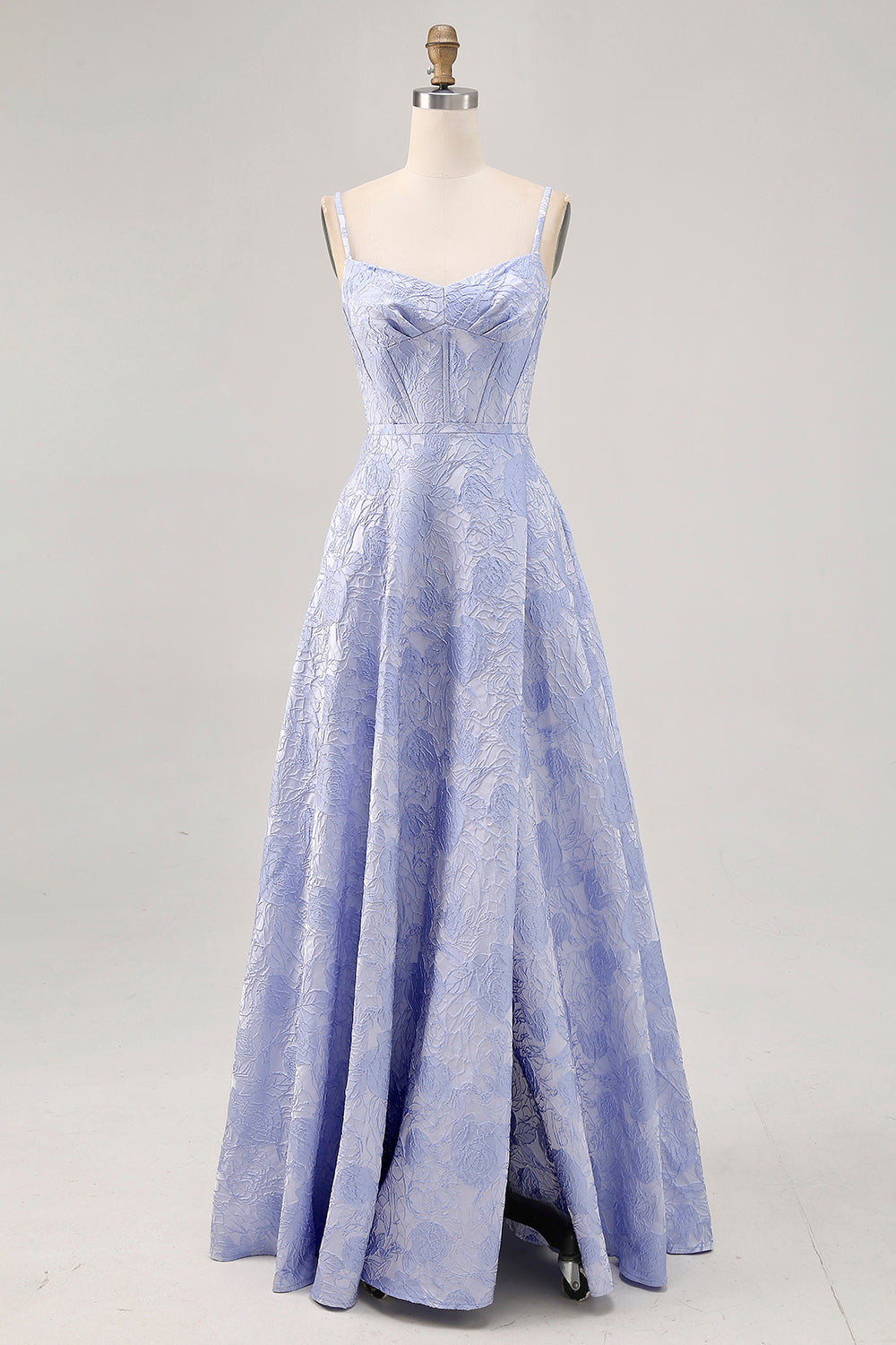 Blue Floral Corset A Line Jacquard Long Wedding Guest Dress with Slit