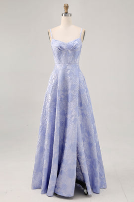 Blue Floral Jacquard Corset Long Wedding Guest Dress with Slit