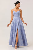 Blue Floral Corset A Line Jacquard Long Wedding Guest Dress with Slit