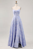 Blue Floral Corset A Line Jacquard Long Wedding Guest Dress with Slit
