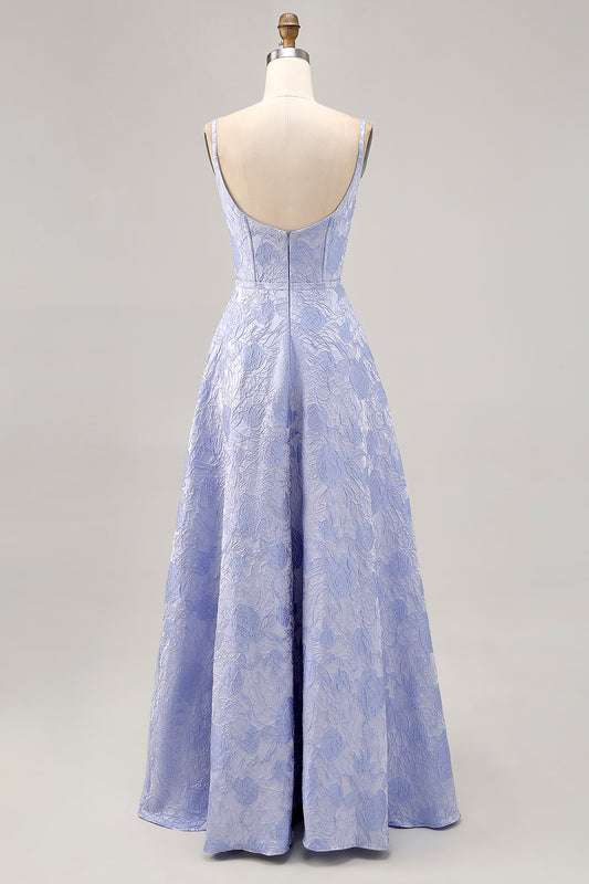 Blue Floral Jacquard Corset Long Wedding Guest Dress with Slit