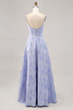 Blue Floral Corset A Line Jacquard Long Wedding Guest Dress with Slit