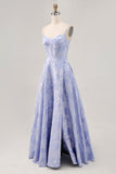 Blue Floral Jacquard Corset Long Wedding Guest Dress with Slit