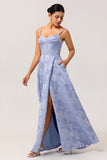 Blue Floral Corset A Line Jacquard Long Wedding Guest Dress with Slit