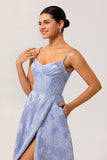 Blue Floral Corset A Line Jacquard Long Wedding Guest Dress with Slit